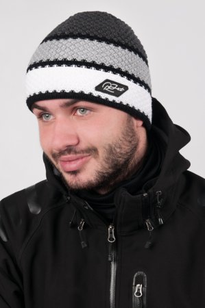 Pánská zimní pletená čepice s barevnými pruhy bílá-šedá-černá