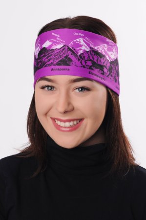 Neon fialová sportovní outdoorová čelenka s černo-bílým potiskem hor SVĚTOVÉ OSMITISÍCOVKY