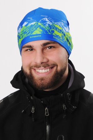 Modrá sportovní outdoorová čepice se zeleno-bílým potiskem hor - SVĚTOVÉ OSMITISÍCOVKY
