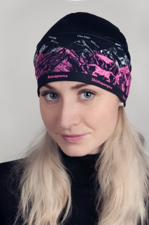 Černá sportovní outdoorová čepice s růžovo-bílým potiskem hor - SVĚTOVÉ OSMITISÍCOVKY
