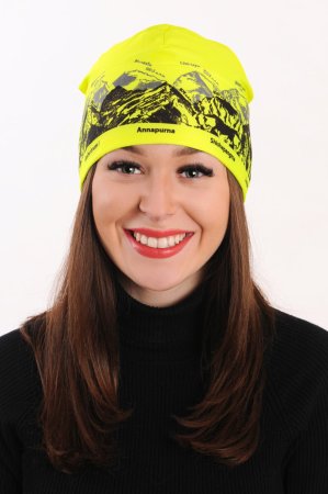 Neon žlutá sportovní outdoorová čepice s šedo-černým potiskem hor - SVĚTOVÉ OSMITISÍCOVKY