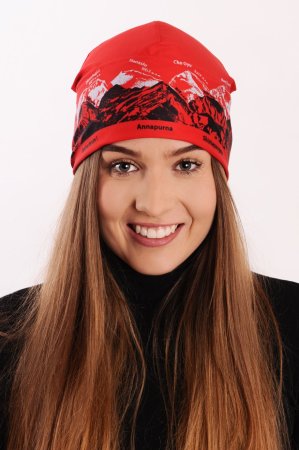 Červená sportovní outdoorová čepice s šedo-černým potiskem hor - SVĚTOVÉ OSMITISÍCOVKY