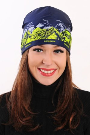 Tmavě modrá sportovní outdoorová čepice s šedo-zeleným potiskem hor - SVĚTOVÉ OSMITISÍCOVKY