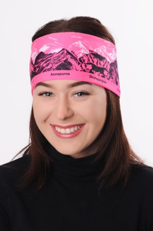 Svítivě růžová sportovní outdoorová čelenka s černo-bílým potiskem hor - SVĚTOVÉ OSMITISÍCOVKY