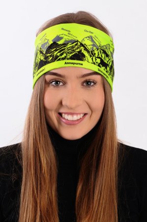 Neon zelená sportovní outdoorová čelenka s šedo-černým potiskem hor SVĚTOVÉ OSMITISÍCOVKY