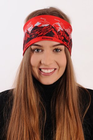 Červená sportovní outdoorová čelenka s šedo-černým potiskem hor SVĚTOVÉ OSMITISÍCOVKY