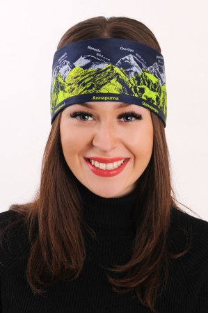Tmavě modrá sportovní outdoorová čelenka s šedo-zeleným potiskem hor SVĚTOVÉ OSMITISÍCOVKY